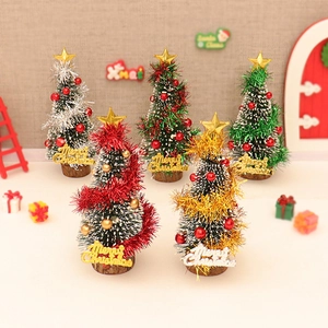 Mini Christmas Tree Desktop Ornament With Wood Base Gold Star Colorful Tinsel For Dollhouse Decor Holiday Decoration