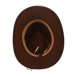 Detail of adjustable inner sweatband and size strap inside a wide brim wool felt hat