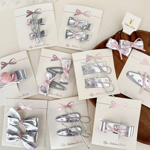 Kids Girls Hair Clips Hair Ties Silver PU Leather Pink Rhinestone Bowknot Heart Sweet Princess Hair Accessories