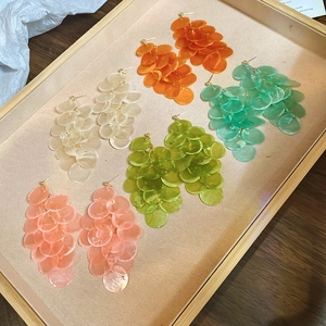 Detail of multi-layered shell fringe earrings in five colors on a neutral display tray
