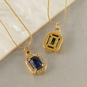 Stainless Steel Necklace 18K Gold Plated Rectangular Zircon Pendant Halo CZ Geometric Elegant Jewelry For Women