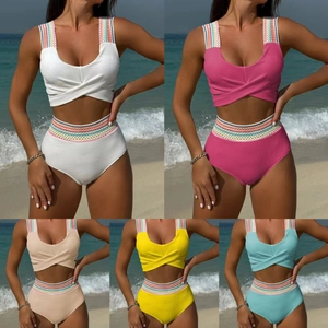 Detail of high waist bikini sets with rainbow striped elastic bands in five colors
