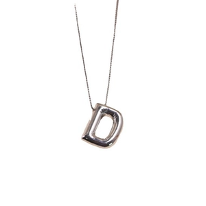 Polished silver letter D pendant necklace with modern 3D balloon puff design on white background