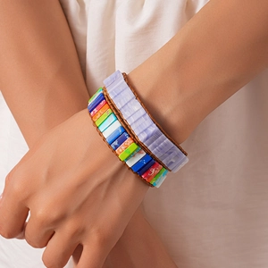 Bohemian multilayer leather wrap bracelet with colorful square natural stones and beads