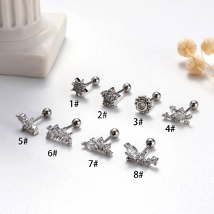 Set of 8 silver stainless steel cartilage earrings with zircons in various shapes