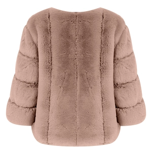 Back view of short faux fur coat in dusty rose pink showing plush texture and quality
