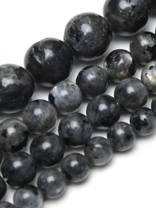 Macro shot of polished black labradorite round beads showing natural mineral texture