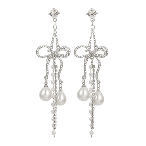 Elegant silver bow earrings with layered pearl tassels and sparkling rhinestone accents