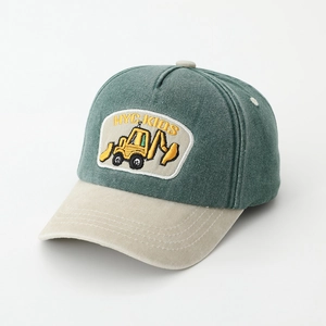 Detail of excavator embroidery on kids' two-tone breathable canvas baseball cap