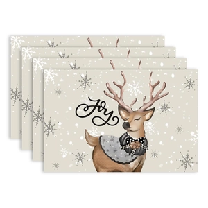 Christmas reindeer placemats set of 4 with Joy greeting and snowflakes for festive table decor