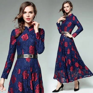 Women Retro Stand Collar Lace Maxi Dress Long Sleeve Floral Printed A-Line Swing Party Belted Navy Blue Red Elegant