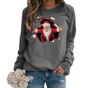 Women's dark grey long sleeve Santa Claus print Christmas T-shirt with round neck
