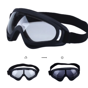 Detail of photochromic ski goggles showing lens transition from clear to dark grey