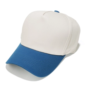 Detail view of the structured 5-panel two-tone baseball cap with curved brim stitching