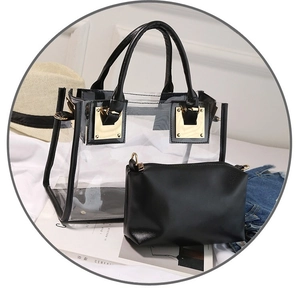 Summer transparent PVC beach tote bag with black leather trim and inner pouch