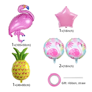 Detailed set of tropical flamingo and pineapple foil balloons with stars for party decor