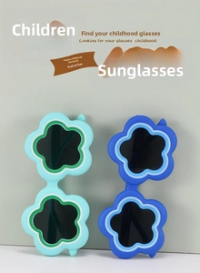 Close-up of flower shaped kids sunglasses in mint green and royal blue matte finish