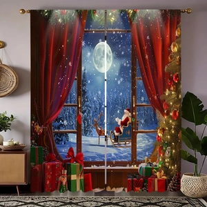 Detail of 3D digital print Christmas curtains showing Santa Claus and snowy night scene