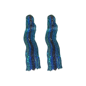 Sparkling blue-black gradient tassel earrings with rhinestones on a clean white background