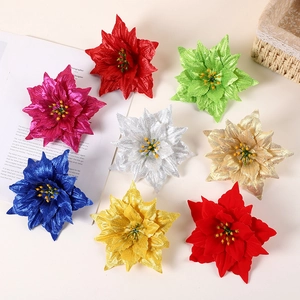 Glittering artificial Poinsettia flowers in eight colors for Christmas tree decoration