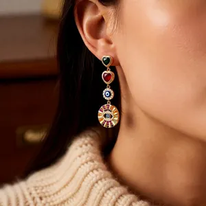 Luxury gold layered heart and evil eye drop earrings with colorful zircon gemstones