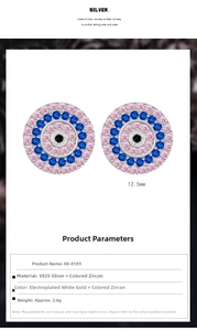 Detailed view showing S925 silver evil eye earrings with pink and blue zirconia stones