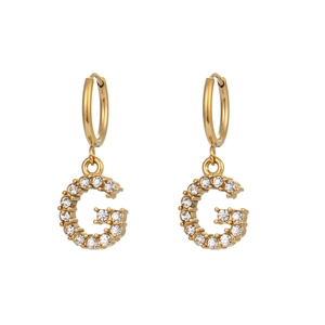 18K gold plated stainless steel G-letter earrings with micro-pave white cubic zirconia