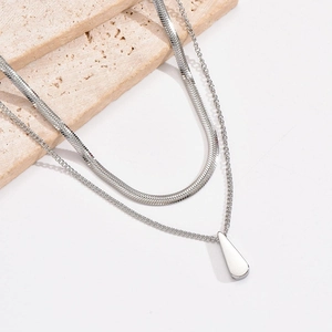 Double layered titanium steel necklace with snake chain and polished water drop pendant