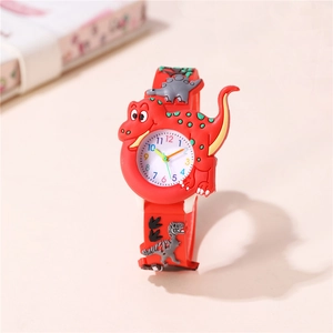 Kids Quartz Watch Cartoon Dinosaur Pattern Analog Wristwatch Plastic Case Silicone Strap Colorful Dial For Boys Girls