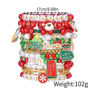 Festive multi-layer pearl bracelet set with Christmas tree and Santa charms