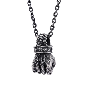 Vintage punk style stainless steel clenched fist pendant necklace in antique silver finish