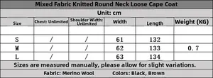 Detaillierte Größentabelle für das lässige Strick-Poncho mit Maßen für S, M und L Größen