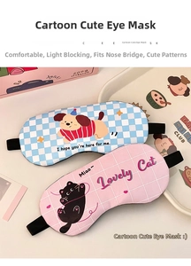 Close-up of cute cartoon cat and dog sleep masks with soft checkered fabric and elastic straps