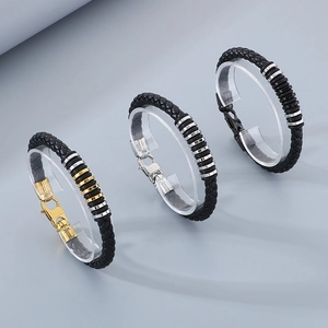 Men's punk woven black leather bracelets with stainless steel clasp in three metallic colors