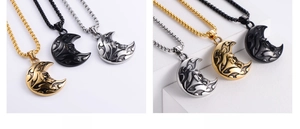 Detail of 304 stainless steel crescent moon pendant with punk skull design and flame texture