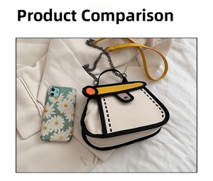 Flat 2D comic style canvas crossbody bag with bold black outlines and metal chain