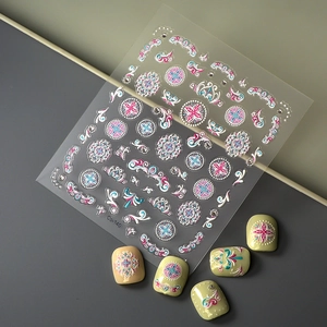 3D embossed mandala nail sticker in pink and blue with Bohemian floral patterns