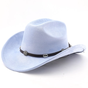 Detail of light blue cowboy hat featuring a leather band with metal flower and shell ornaments