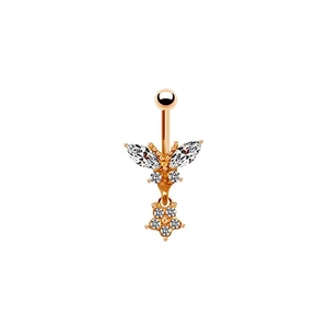 Detailed close-up of rose gold butterfly belly ring with sparkling zircon floral pendant