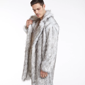 Detail shot of men's long faux fur coat featuring grey-white stripes and thick texture
