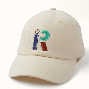 Classic beige cotton baseball cap with colorful letter R embroidery and curved brim