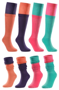 Detail of two-tone ribbed slouch socks in orange, purple, pink, and teal color combinations
