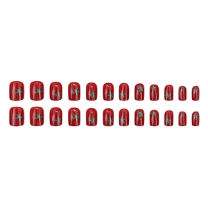 Short square red press-on nails with green star patterns 24-piece full set