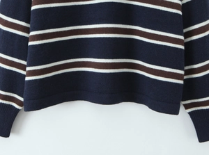 Detail of navy blue and brown striped knit polo shirt showing ribbed hem and sleeve cuffs