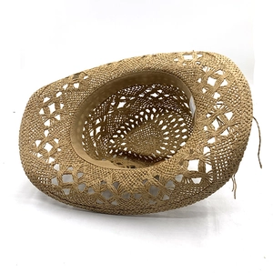Handwoven straw cowboy hat with breathable hollow pattern for outdoor sun protection