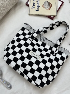 Lace plaid canvas tote bag with black and white checkerboard pattern and Korean label
