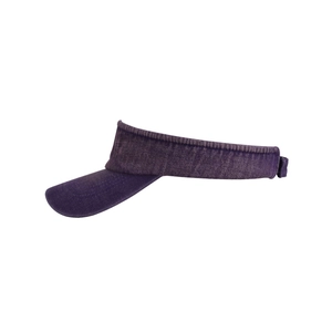 Detail of purple washed cotton sun visor with wide brim and adjustable back buckle