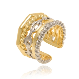 Detailed view of two-tone wide multilayer ear cuff with chain and textured patterns