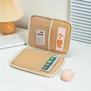 Internal view of the cream tablet sleeve featuring multiple mesh pockets and card slots