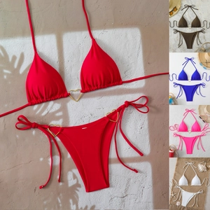 Women Sexy Solid Color Bikini Halter Neck Triangle Top And Side Tie Bottoms With Golden Heart Metal Buckle Nylon Spandex